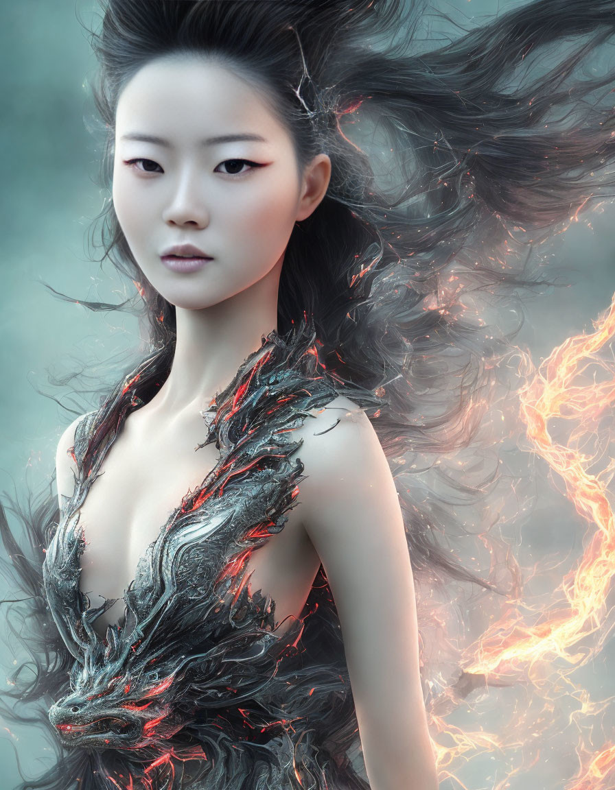 Striking makeup woman with black hair in fiery dress on mystical background