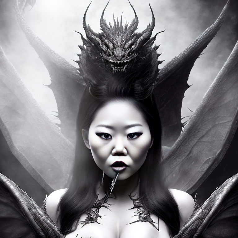 Monochromatic image of woman in dragon-themed attire