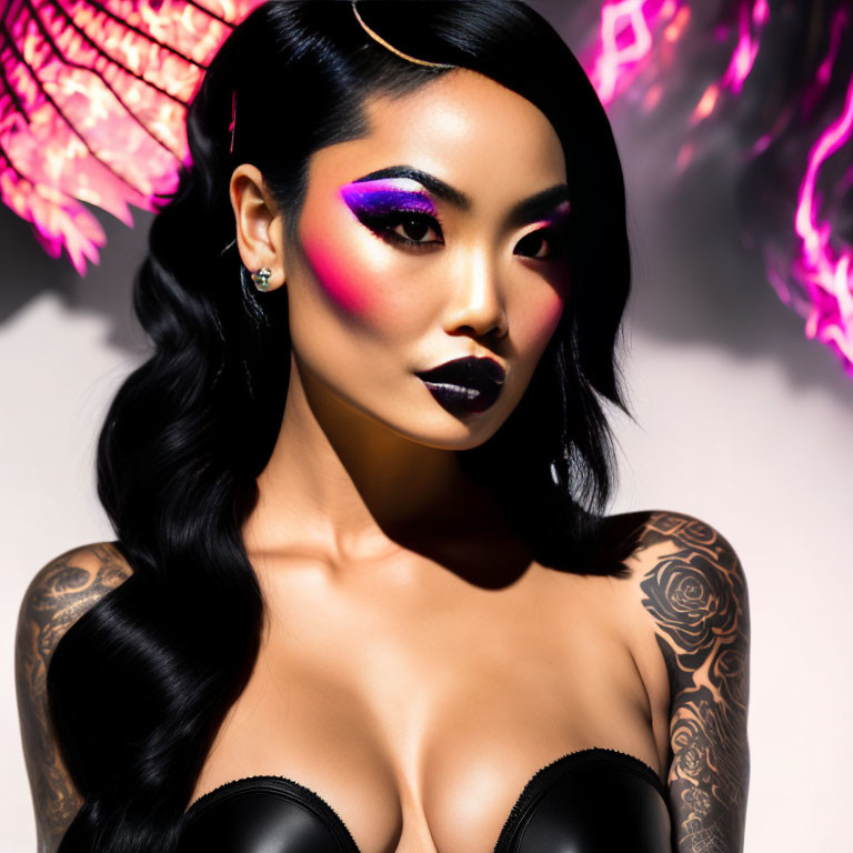 Bold Makeup and Tattooed Woman Poses with Pink Lighting and Graphic Butterfly Wing