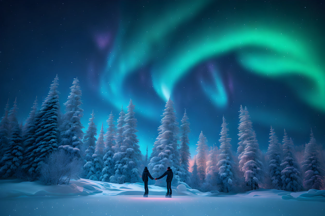 Couple holding hands under aurora borealis in snowy forest at night