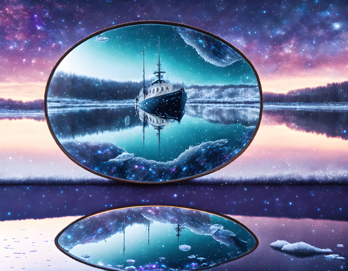 Surreal ship floating between two realms in circular frame on starry night sky.