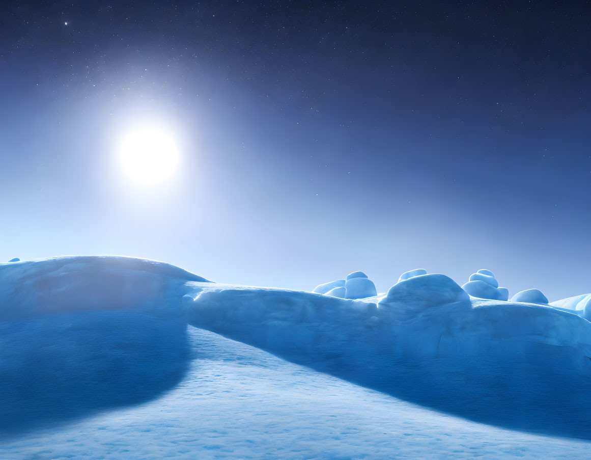 Snow-covered landscape with moonlit snowdrifts at night