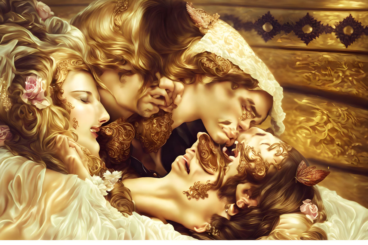 Golden Steampunk Fantasy Art with Four Figures Embracing