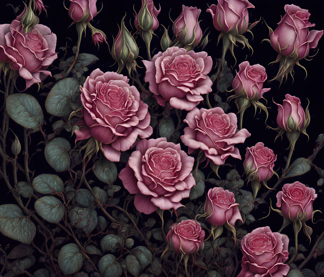 Pink roses with intricate petals and green leaves on dark background