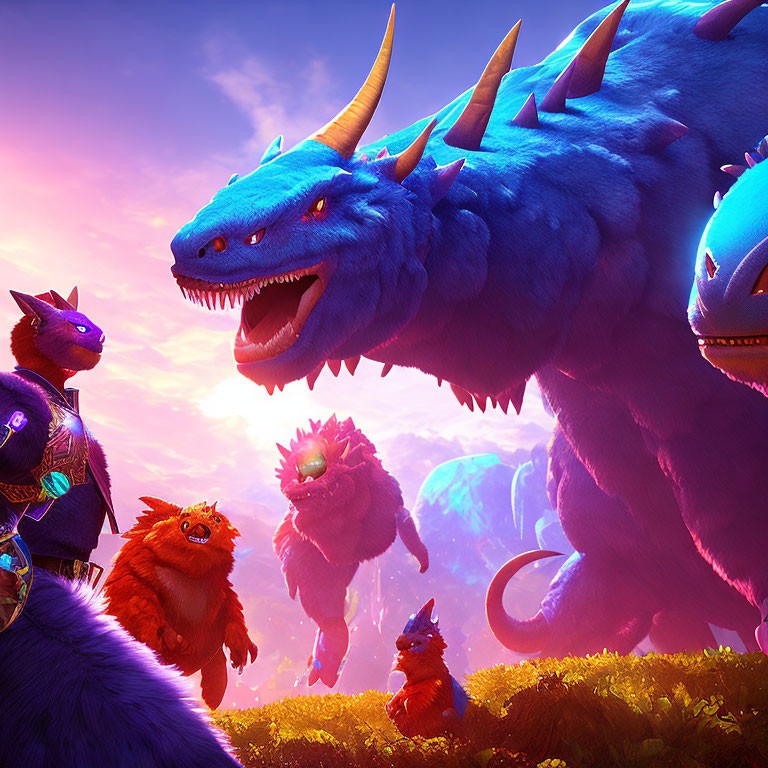 Various Sized Animated Fantasy Creatures in Vibrant Dusk Landscape