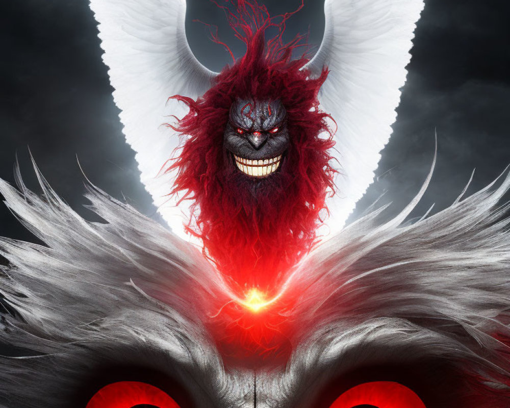 Fantasy creature with red face, glowing eyes, sharp teeth, white horns, and feathers.