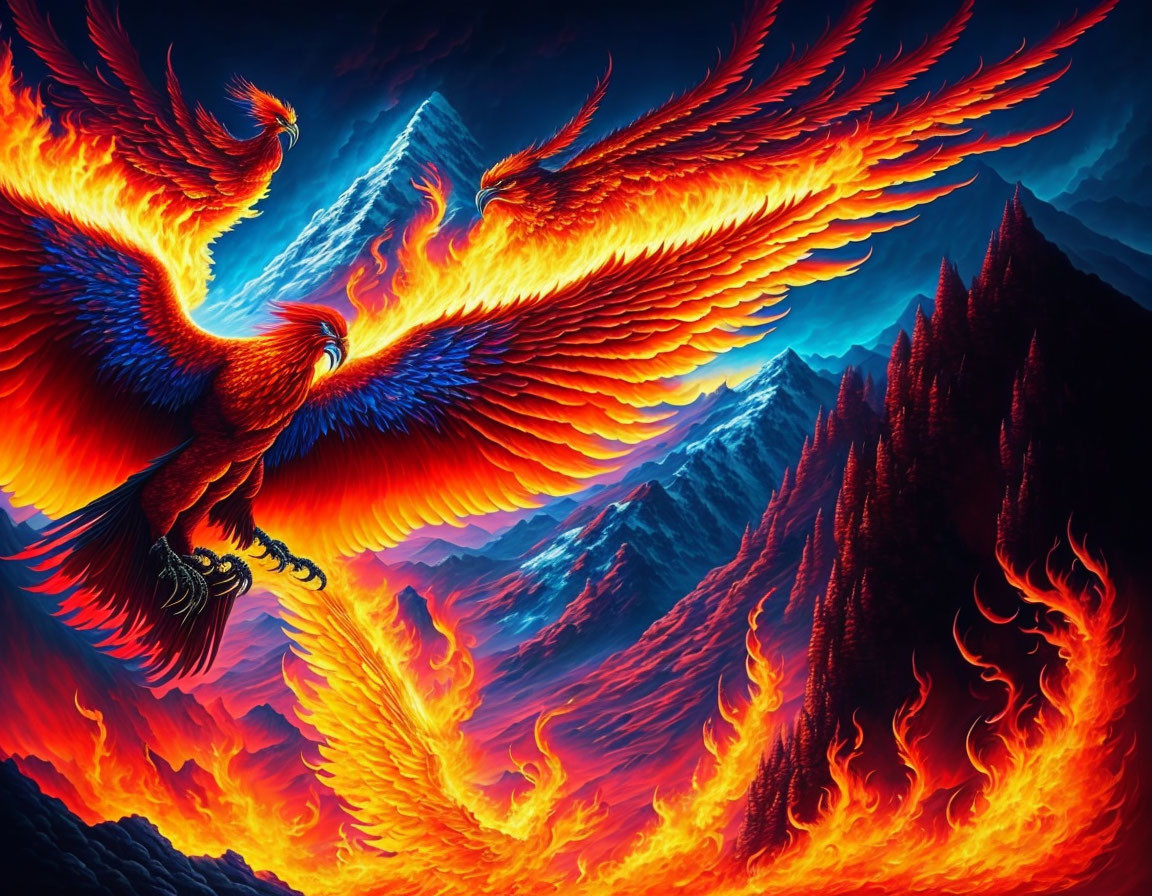 Vibrant phoenixes flying with fiery wings over volcanic landscape