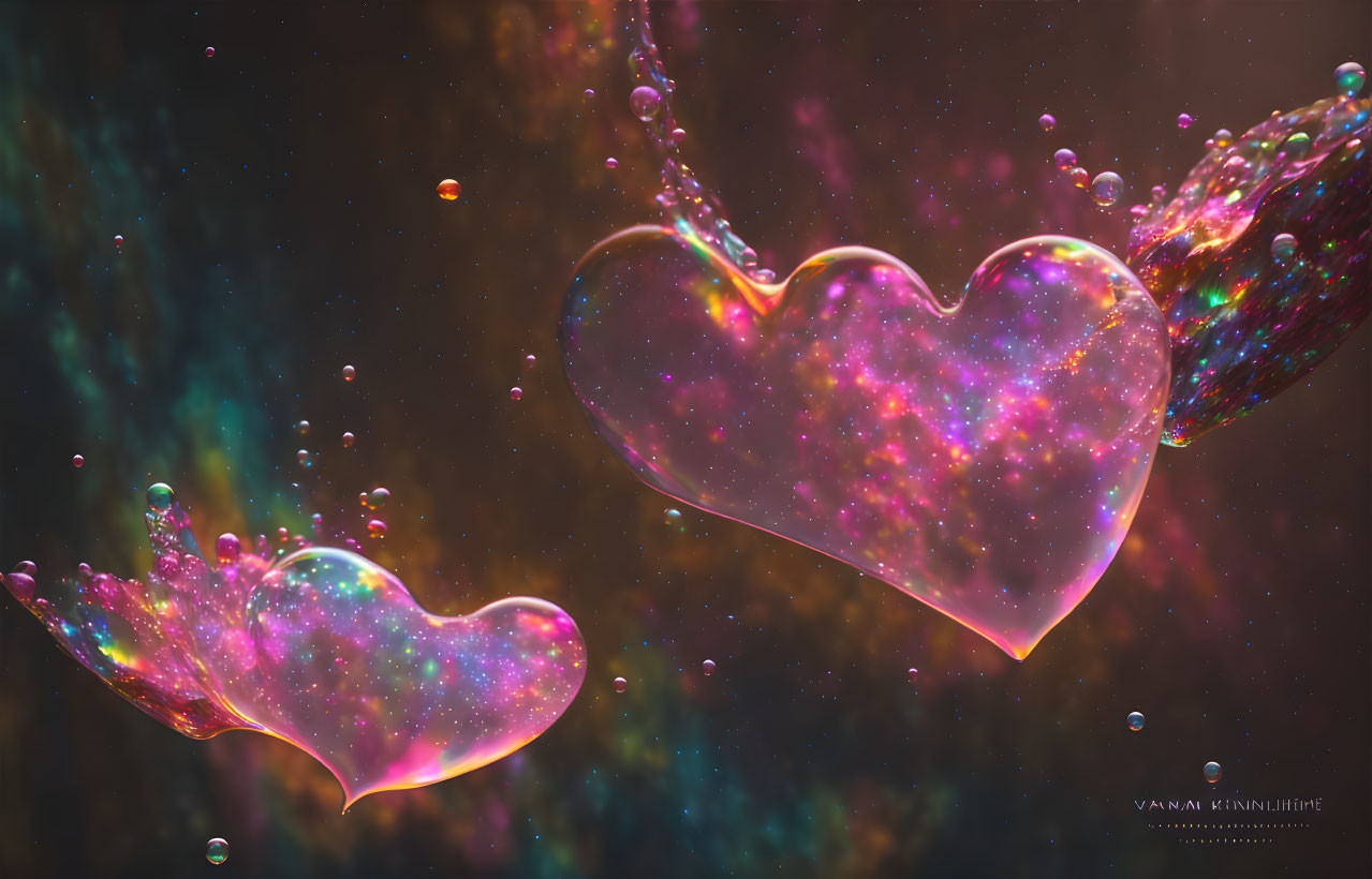 Colorful Glitter-filled Heart-shaped Bubbles on Starry Background