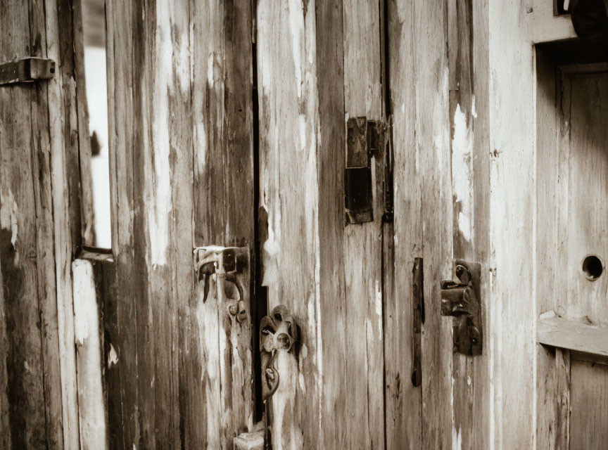 Sepia Tone Weathered Wooden Doors with Metal Latches and Padlocks
