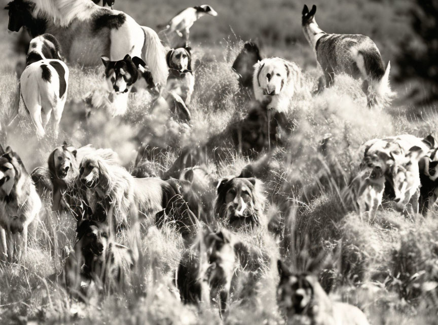 Monochrome image: Dogs of different breeds happily running in grassy field