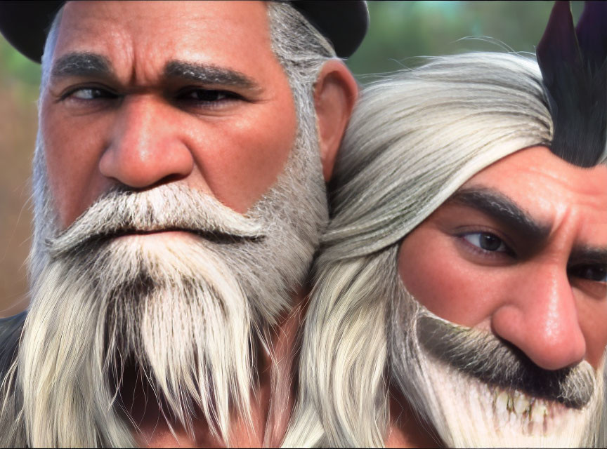 Detailed facial hair on two animated male characters with expressive eyes: one with white hair and the other sporting