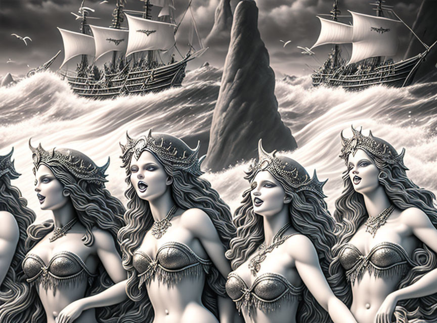 Mythical mermaid figures in ocean waters with ships and rock formations