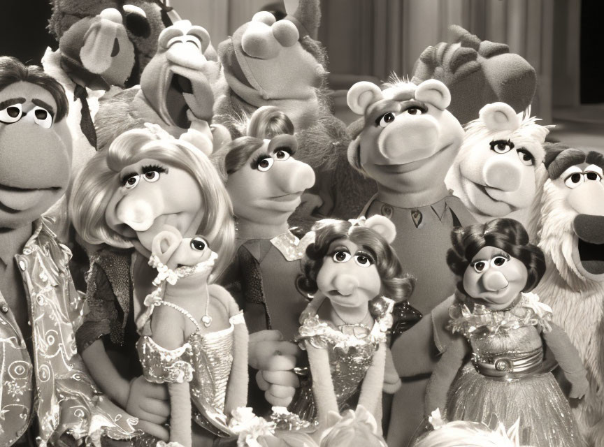 Monochrome group portrait of Muppet characters with Kermit and Miss Piggy in focus