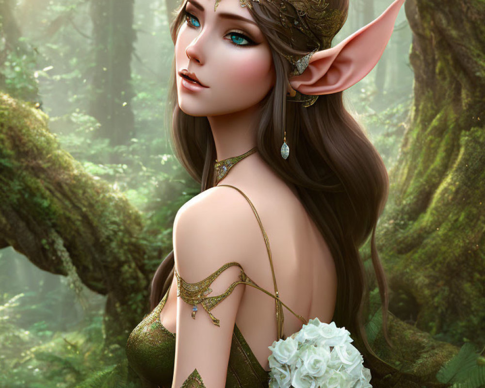 Fantasy elf with gold tiara and white flower bouquet in misty forest