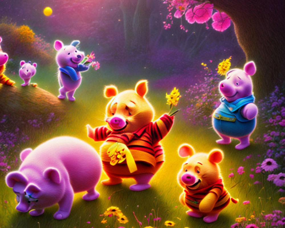 Whimsical Winnie the Pooh and friends in magical forest