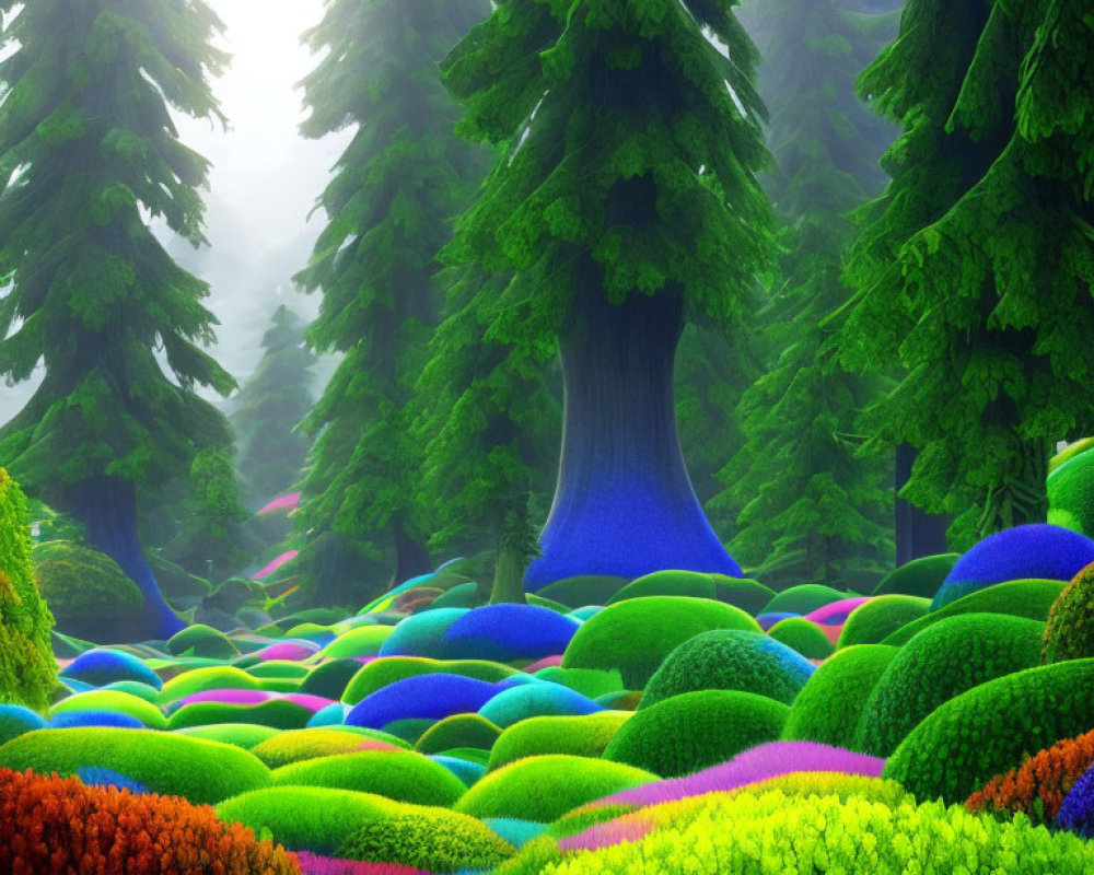 Colorful Foggy Forest with Large Trees and Spherical Bushes