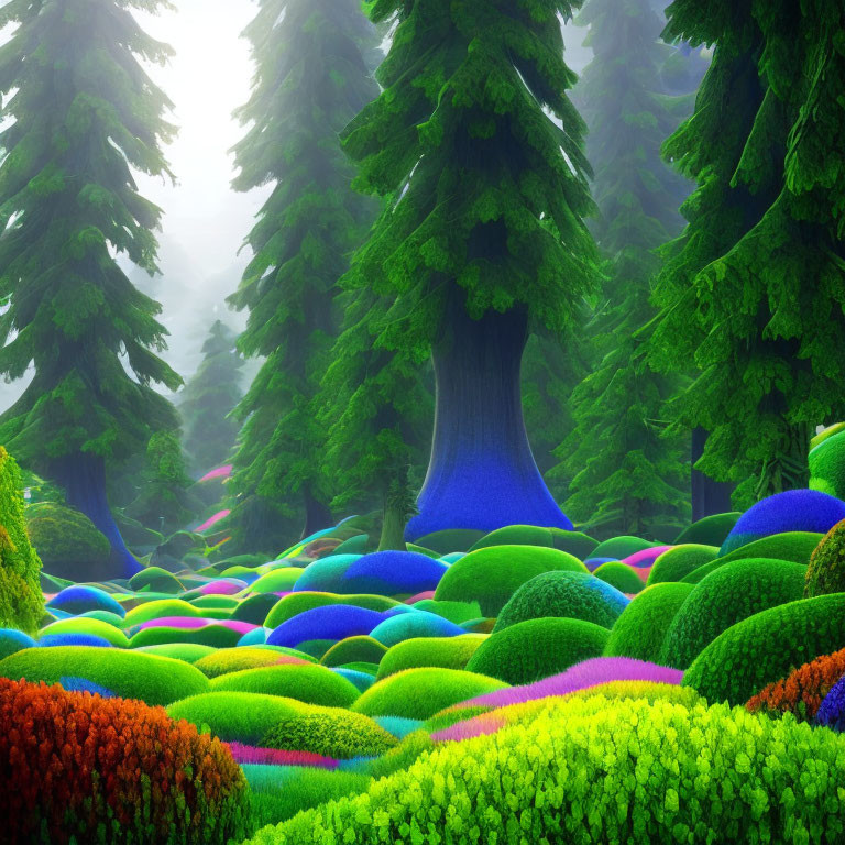 Colorful Foggy Forest with Large Trees and Spherical Bushes