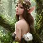 Fantasy elf with gold tiara and white flower bouquet in misty forest