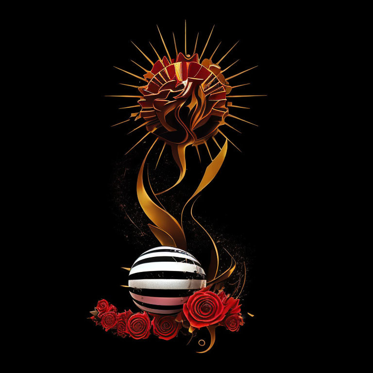 Stylized graphic of raised fist, sun rays, ribbon, planet, and roses on black background