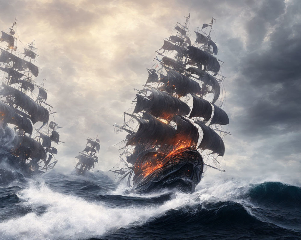 Tall ships with burning hulls navigate stormy seas
