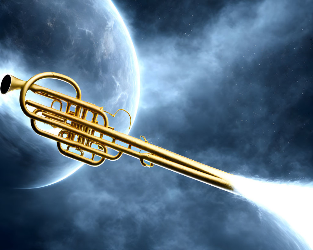 Golden trumpet floating in space with moon and planet in background among nebulous clouds.