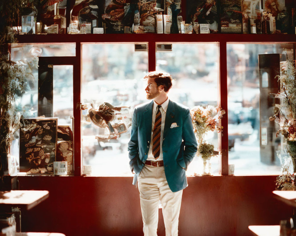 Man in teal blazer in sunlit cafe with vintage posters