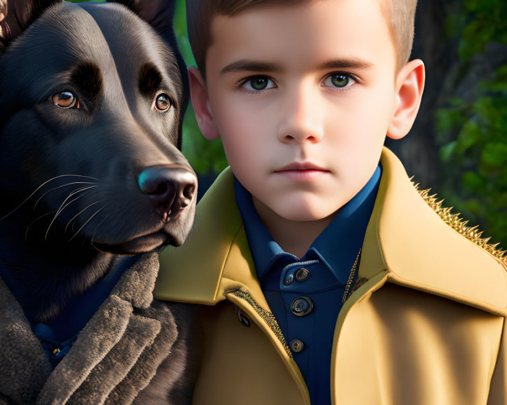 Young boy in yellow jacket with black dog in lush green setting