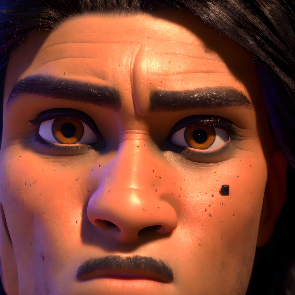 Animated character with intense orange eyes and dark hair.