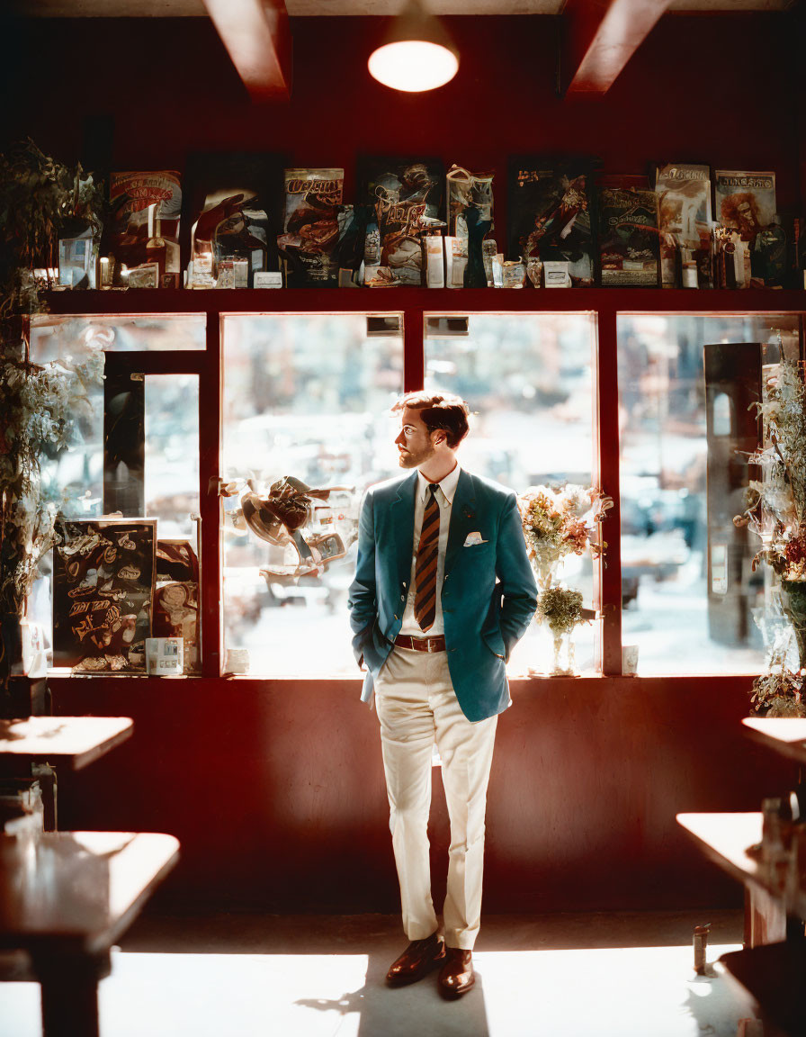 Man in teal blazer in sunlit cafe with vintage posters