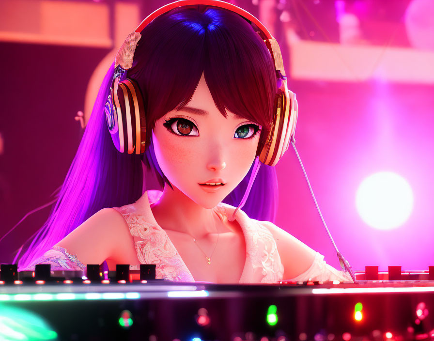 Female DJ mixing at deck under neon lights
