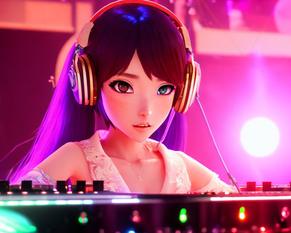 Female DJ mixing at deck under neon lights