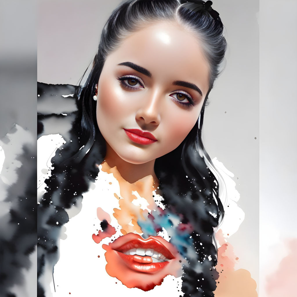 Woman's portrait with watercolor splash effect around lips