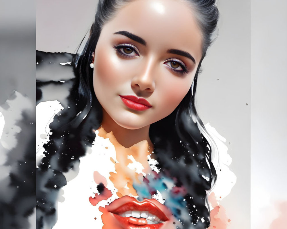 Woman's portrait with watercolor splash effect around lips