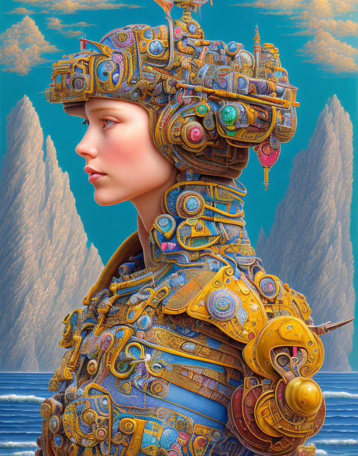 Detailed Steampunk Woman Artwork with Mechanical Headdress