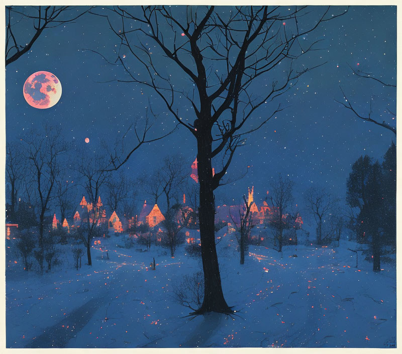 Full Moon Snowy Night Scene with Bare Tree and Illuminated Houses