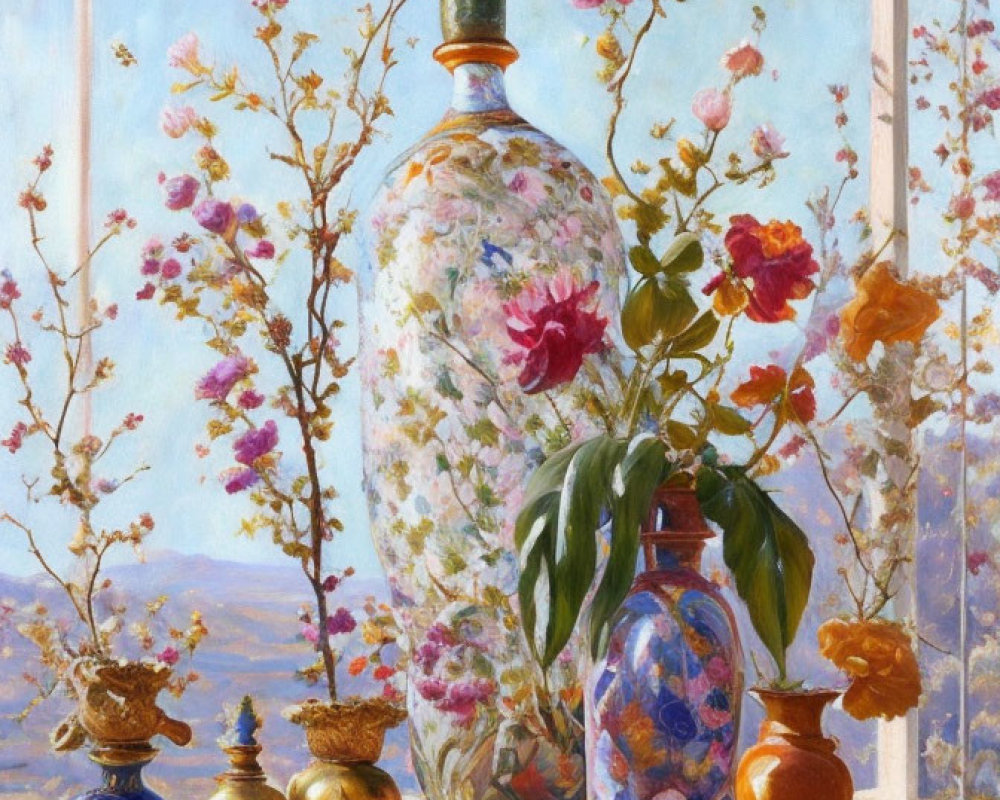 Colorful still-life painting with ornate vases and flowers on a table, window backdrop.