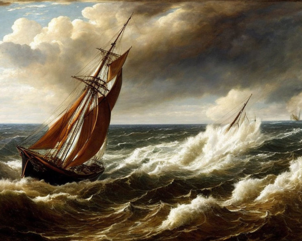 Maritime oil painting of ships sailing through stormy seas