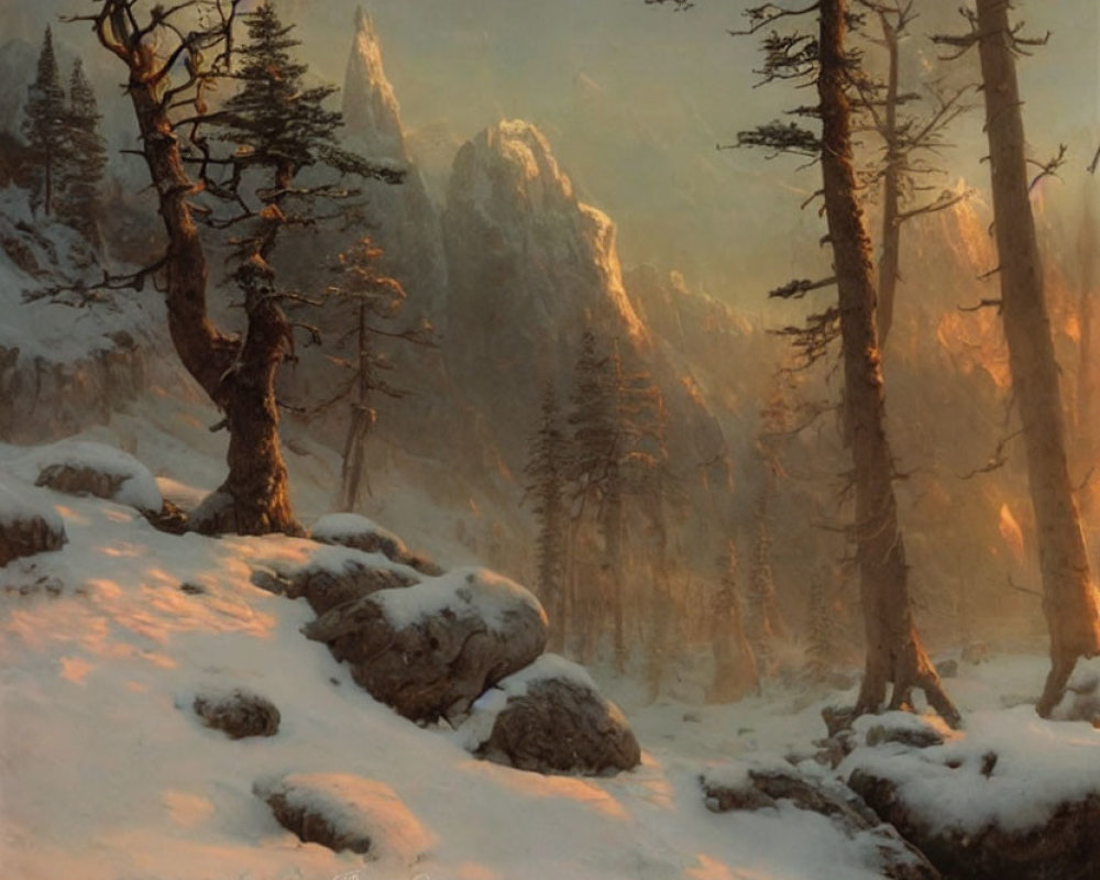 Snowy Sunset Landscape: Mountains, Trees, Rocks