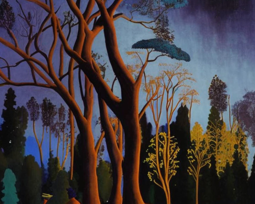Surreal painting of twisted tree, moonlit sky, and silhouetted figures