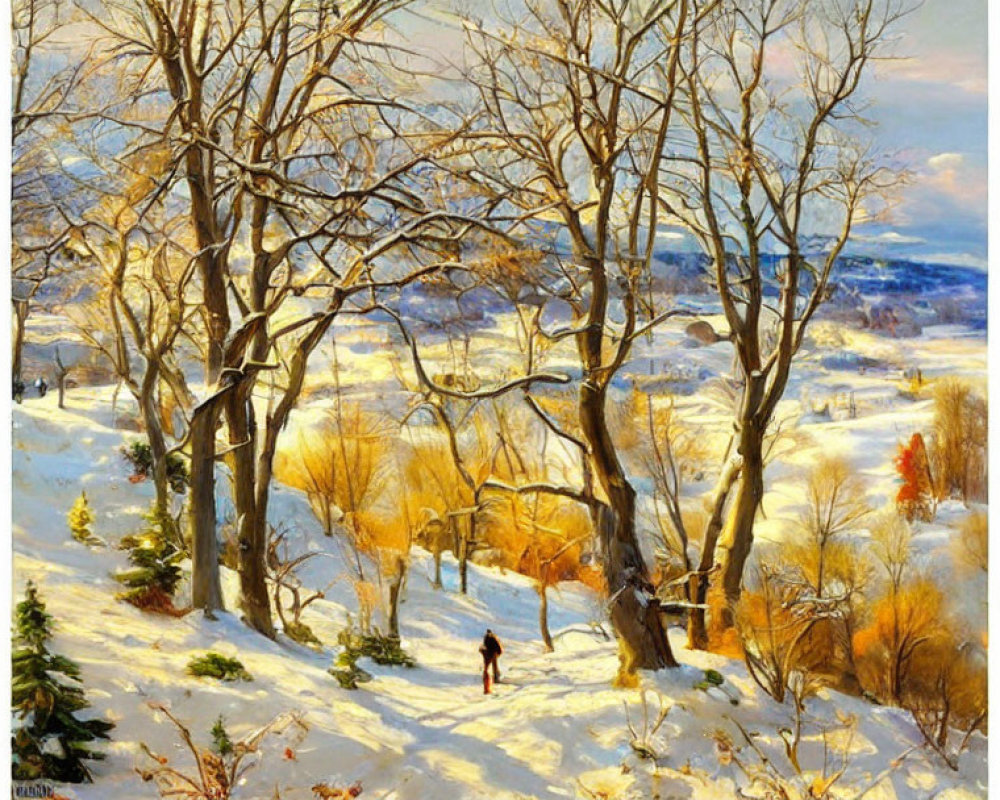Solitary figure in snowy landscape with bare trees at sunset