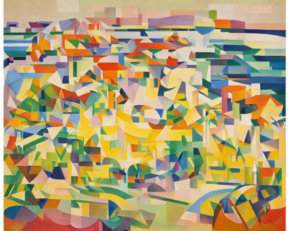 Geometric Abstract Painting with Overlapping Shapes in Warm and Cool Colors