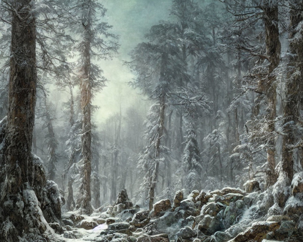Winter Forest Landscape with Tall Trees and Rocky Ground