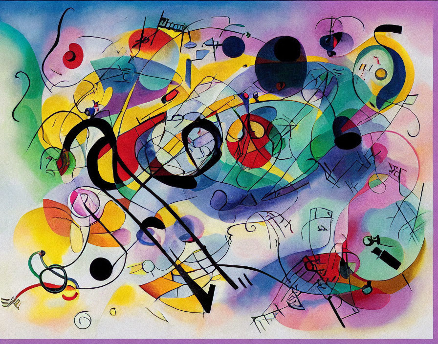 Colorful Abstract Painting with Shapes, Lines, and Musical Notes