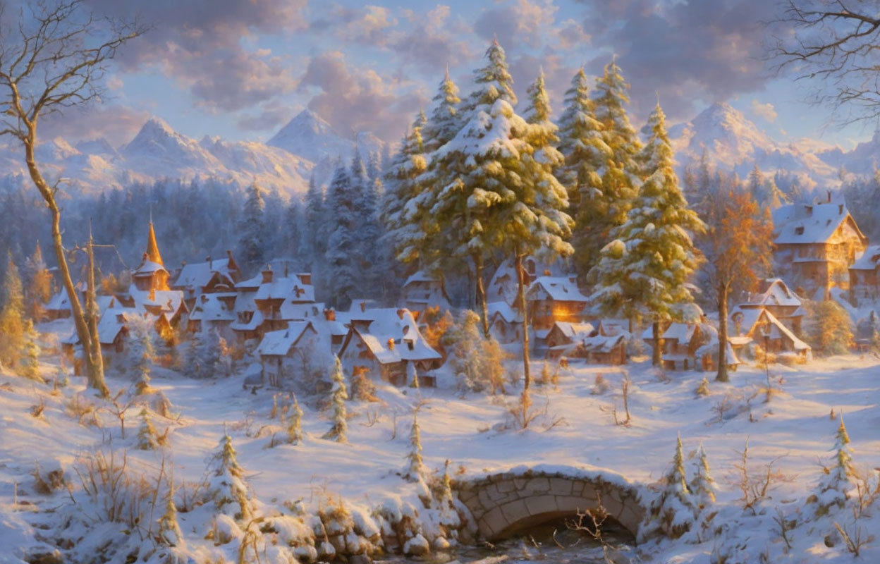 Scenic snow-covered village with pine trees, cozy cottages, stone bridge, and mountains at golden