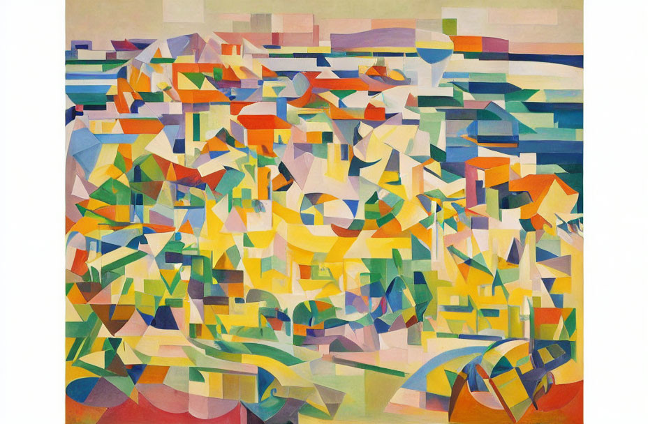 Geometric Abstract Painting with Overlapping Shapes in Warm and Cool Colors