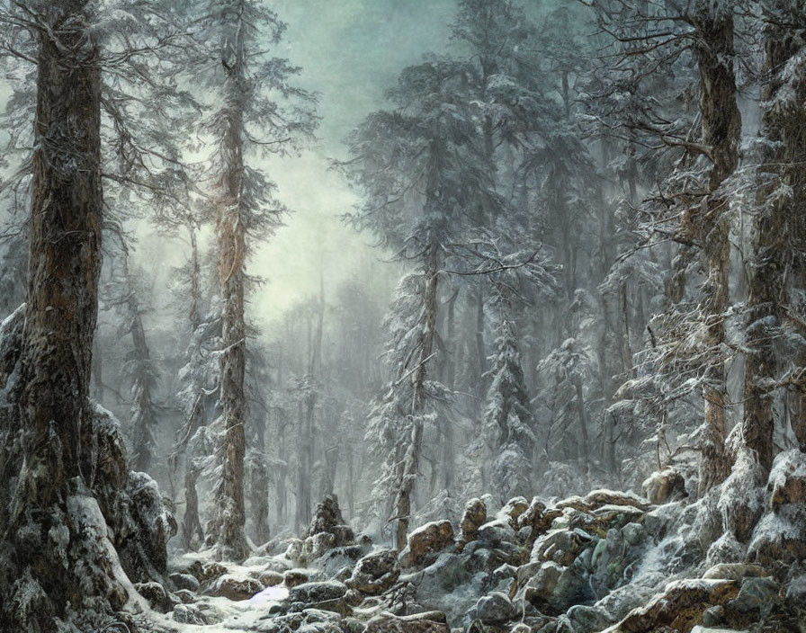 Winter Forest Landscape with Tall Trees and Rocky Ground