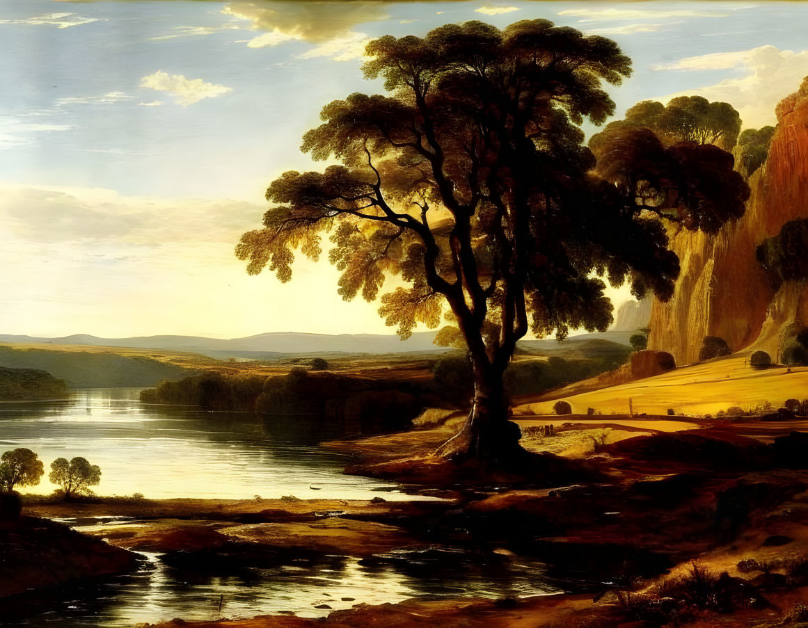 Tranquil landscape painting with tree, river, cliffs, and mountains