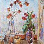 Colorful painting of ornate vases with blooming flowers on sunlit table by window.