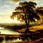 Tranquil landscape painting with tree, river, cliffs, and mountains
