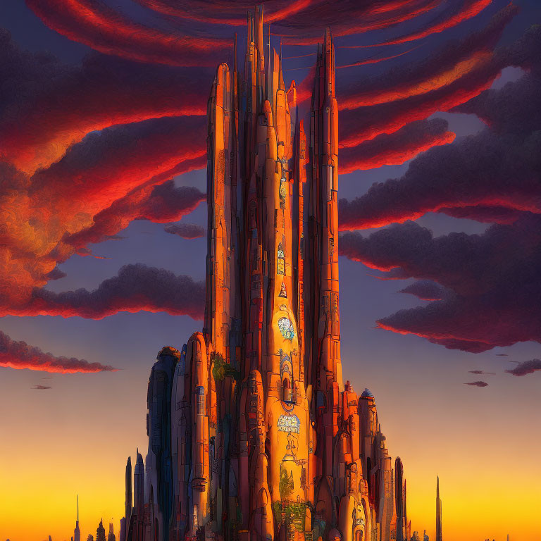 Futuristic cityscape against vibrant sunset sky